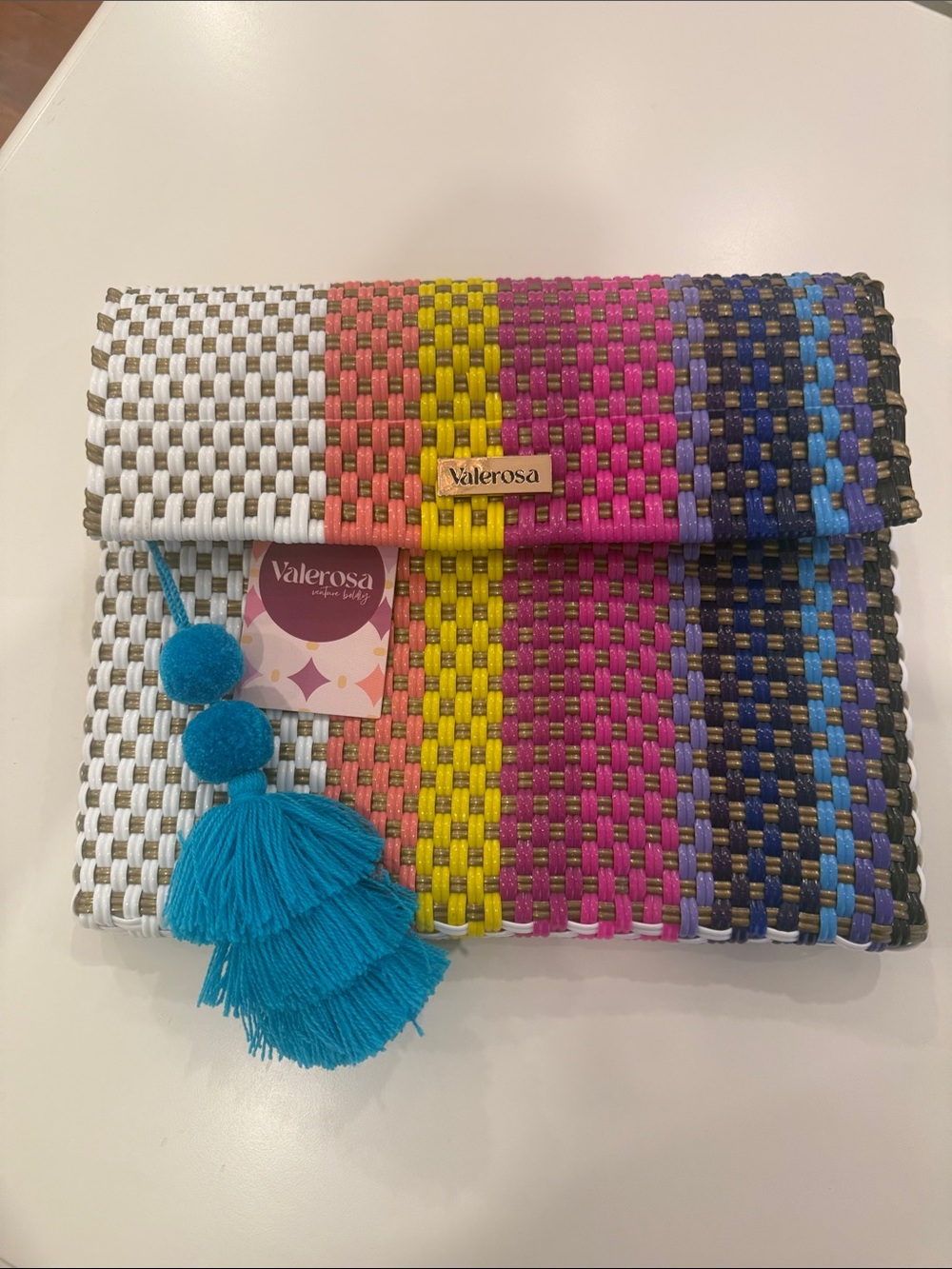 Multicolor Woven Clutch with Teal Tassel